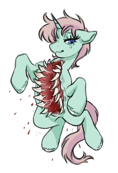 Size: 2791x4096 | Tagged: semi-grimdark, artist:opalacorn, derpibooru import, oc, unofficial characters only, pony, unicorn, bipedal, body horror, floppy ears, horn, image, jpeg, lidded eyes, looking at you, shapeshifting, sharp teeth, simple background, smiling, smiling at you, teeth, white background