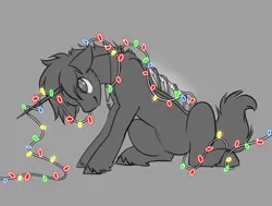 Size: 2700x2036 | Tagged: safe, artist:opalacorn, derpibooru import, oc, oc:kona hoxxe, unofficial characters only, cyborg, pony, unicorn, christmas, christmas lights, freckles, gray background, grayscale, head down, holiday, horn, image, jpeg, male, monochrome, partial color, simple background, smiling, solo, stallion