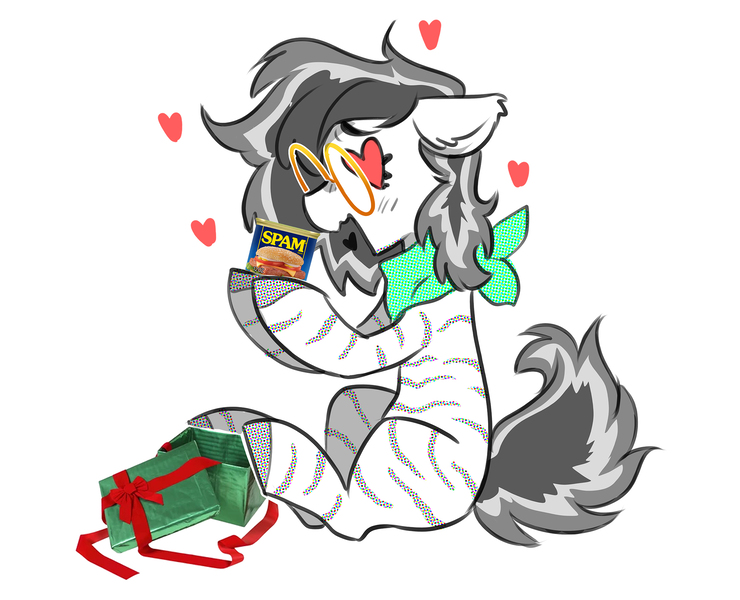 Size: 2400x1946 | Tagged: safe, artist:opalacorn, derpibooru import, oc, unofficial characters only, pony, bandana, female, floppy ears, glasses, heart, heart eyes, image, jpeg, mare, partial color, present, round glasses, simple background, sitting, solo, spam, white background, wingding eyes