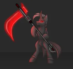 Size: 4000x3800 | Tagged: safe, artist:darklight1315, derpibooru import, pony of shadows, oc, oc:decline, oc:reaper, unofficial characters only, fallout equestria, g4, clothes, fallout equestria: mayday, image, pants, png, red eyes, scythe, sideburns, solo, trenchcoat