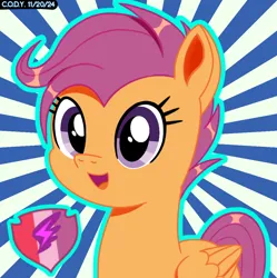 Size: 1980x1986 | Tagged: safe, artist:codenamekid, derpibooru import, apple bloom, scootaloo, sweetie belle, pegasus, pony, g4, cmc day, complex background, cute, cutealoo, cutie mark, cutie mark crusaders, female, highlights, image, looking at you, mare, older, older scootaloo, open mouth, open smile, png, shading, smiling, smiling at you, solo