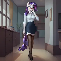 Size: 4096x4096 | Tagged: safe, ai content, derpibooru import, machine learning generated, prompter:thedaren666, stable diffusion, rarity, anthro, pony, unicorn, g4, absurd resolution, clothes, day, eyebrows, eyeshadow, female, generator:pony diffusion v6 xl, glasses, hand on cheek, high heels, horn, image, indoors, makeup, mare, mature, nail polish, office, open mouth, png, secretary, shirt, shoes, skirt, socks, solo, stockings, teeth, thigh highs, window