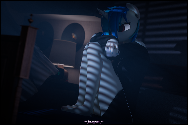 Size: 3840x2560 | Tagged: questionable, artist:phenioxflame, derpibooru import, vinyl scratch, anthro, unicorn, g4, 3d, blender, coffee mug, horn, image, mug, png, sad, solo