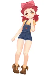 Size: 1996x2823 | Tagged: safe, artist:looofa, derpibooru import, apple bloom, human, g4, :o, apple print, blushing, boots, bow, clothes, denim, female, full body, gradient hair, hair bow, hand over mouth, humanized, image, jpeg, medium hair, open mouth, overall shorts, overalls, shirt, shoes, short sleeves, simple background, socks, solo, white background, yellow shirt, yellow socks