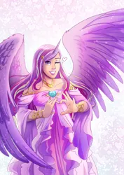 Size: 2480x3508 | Tagged: safe, artist:juliagoldfox, derpibooru import, princess cadance, human, g4, alicorn humanization, bare shoulders, clothes, dress, female, grin, heart, heart hands, high res, horn, horned humanization, humanized, image, one eye closed, png, smiling, solo, winged humanization, wings, wink