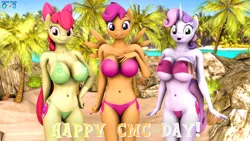 Size: 1920x1080 | Tagged: suggestive, alternate version, artist:daveman1000, derpibooru import, apple bloom, scootaloo, sweetie belle, anthro, earth pony, pegasus, unicorn, g4, 3d, beach, big breasts, bikini, breasts, busty apple bloom, busty cmc, busty scootaloo, busty sweetie belle, cleavage, clothes, cutie mark crusaders, female, females only, horn, image, lipstick, looking at you, nail polish, older, older apple bloom, older scootaloo, older sweetie belle, one-piece swimsuit, png, sexy, source filmmaker, stupid sexy apple bloom, stupid sexy scootaloo, stupid sexy sweetie belle, swimsuit, trio, trio female