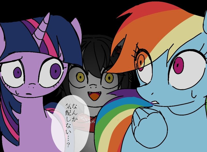 Size: 968x712 | Tagged: safe, artist:namaenonaipony, derpibooru import, rainbow dash, twilight sparkle, ponified, earth pony, pony, unicorn, androgynous, black background, clothes, fangs, female, horn, image, japanese, jpeg, male, mare, mashiro meme, moon runes, nijisanji, open mouth, scarf, simple background, solo, speech bubble, stallion, sweat, sweatdrop