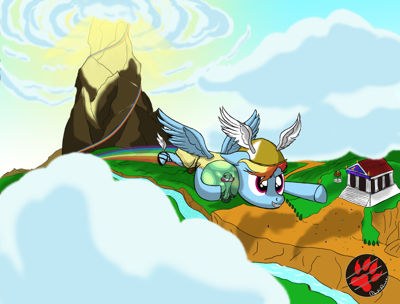 Size: 2500x1900 | Tagged: safe, artist:darkprinceismyname, derpibooru import, rainbow dash, tank, pegasus, pony, tortoise, g4, clothes, cloud, flying, greek clothes, greek god, greek mythology, helmet, hermes, image, light, mountain, olympus, png, rainbow trail, river, sandals, scenery, smiling, temple, water, wings