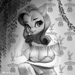 Size: 1280x1280 | Tagged: safe, artist:alex_bermuda, derpibooru import, rarity, anthro, unicorn, alternative cutie mark placement, crouching, female, grayscale, horn, image, indoors, jpeg, monochrome, shoulder cutie mark, smiling, solo