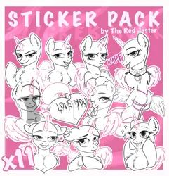 Size: 3829x3976 | Tagged: suggestive, artist:redjester, derpibooru import, oc, unofficial characters only, pony, advertisement, butt, collar, commission, horn, image, png, rope, sketch, sticker, sticker pack, sticker set, wings, your character here