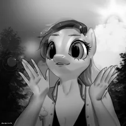 Size: 1280x1280 | Tagged: safe, artist:alex_bermuda, derpibooru import, rainbow dash, anthro, bust, clapping, clothes, cutie mark, cutie mark on clothes, female, grayscale, image, jacket, jpeg, monochrome, outdoors, solo