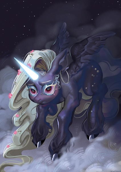 Size: 1526x2160 | Tagged: safe, artist:alex_bermuda, derpibooru import, oc, unofficial characters only, alicorn, pony, cloud, flower, flower in hair, frown, glow, glowing horn, horn, image, jpeg, night, on a cloud, raised hoof, solo, unshorn fetlocks