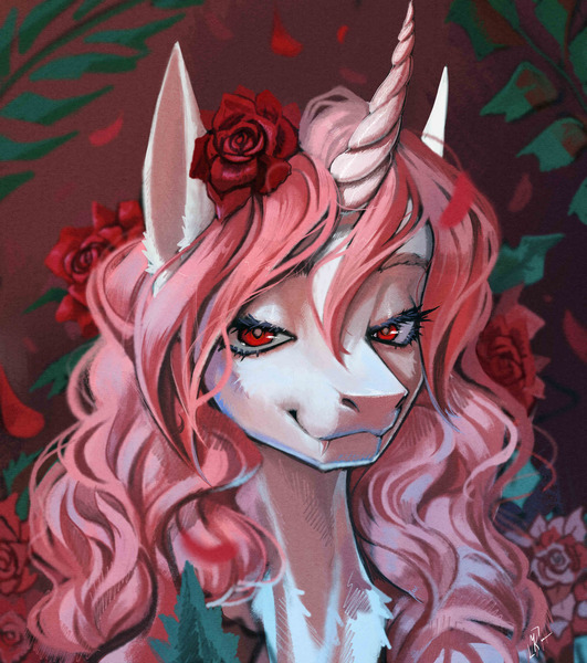 Size: 2632x2976 | Tagged: safe, artist:mycrumb, derpibooru import, oc, unofficial characters only, pony, unicorn, bust, fangs, flower, flower in hair, high res, horn, image, jpeg, looking at you, portrait, rose, smiling, solo