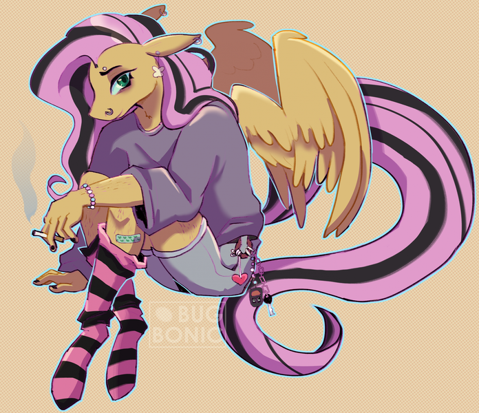 Size: 2067x1782 | Tagged: safe, artist:bugbonic, derpibooru import, fluttershy, anthro, pegasus, unguligrade anthro, cigarette, clothes, emoshy, female, image, keychain, looking at you, nose piercing, piercing, png, sitting, socks, solo, striped socks