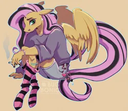 Size: 2067x1782 | Tagged: safe, artist:bugbonic, derpibooru import, fluttershy, anthro, pegasus, unguligrade anthro, cigarette, clothes, emoshy, female, image, keychain, looking at you, nose piercing, piercing, png, sitting, socks, solo, striped socks