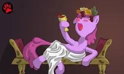 Size: 3000x1800 | Tagged: safe, artist:darkprinceismyname, derpibooru import, berry punch, berryshine, earth pony, pony, g4, alcohol, bacchus, bas-relief, clothes, cup, drunk, food, gradient background, grapes, greek clothes, greek god, greek mythology, image, leaves, litter, png, redness, tunic, wine