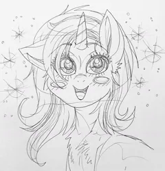 Size: 1099x1146 | Tagged: safe, artist:poneigh777, derpibooru import, starlight glimmer, pony, unicorn, g4, blushing, chest fluff, female, happy, horn, image, jpeg, mare, monochrome, shiny eyes, solo, sparkles, traditional art