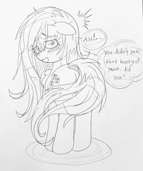 Size: 1002x1199 | Tagged: safe, artist:poneigh777, derpibooru import, fluttershy, pegasus, pony, g4, blushing, butt, covering, covering flank, crying, embarrassed, female, image, jpeg, looking at you, mare, monochrome, plot, solo, sweat, tail, tail covering, talking to viewer, traditional art