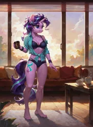 Size: 1280x1760 | Tagged: suggestive, ai content, derpibooru import, machine learning generated, prompter:ilham470, starlight glimmer, anthro, plantigrade anthro, g4, bra, clothes, female, image, living room, messy hair, morning, off shoulder, panties, png, shirt, solo, solo female, underwear