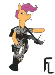 Size: 1488x2024 | Tagged: safe, artist:feraline(r), derpibooru import, scootaloo, pegasus, g4, boots, camouflage, cigarette, clothes, female, grenade launcher, image, m79, military, military uniform, older, older scootaloo, png, shoes, simple background, transparent background, uniform, weapon