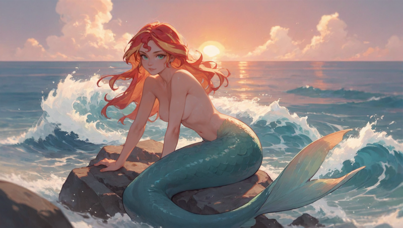 Size: 1920x1088 | Tagged: questionable, ai content, derpibooru import, generator:tponynai3, machine learning generated, prompter:truekry, sunset shimmer, mermaid, g4, breasts, cloud, female, fish tail, human coloration, image, looking at you, nudity, ocean, outdoors, partial nudity, png, sky, smiling, smiling at you, solo, solo female, species swap, sunset, tail, wallpaper, wallpaper for the fearless, water