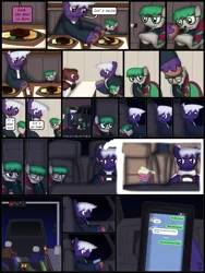 Size: 1750x2333 | Tagged: safe, artist:99999999000, derpibooru import, oc, oc:firearm king, oc:li anna, oc:susie cotes, unofficial characters only, earth pony, pegasus, comic:affection, car, comic, duo, female, food, glasses, image, indoors, male, meat, phone, png, ponies eating meat, steak, van