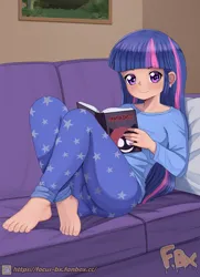 Size: 2480x3425 | Tagged: safe, artist:focusb, derpibooru import, pinkie pie, twilight sparkle, human, equestria girls, g4, barefoot, book, clothes, couch, feet, female, high res, human coloration, image, indoors, jpeg, pajamas, pillow, pinkamena diane pie, reading, sitting, solo