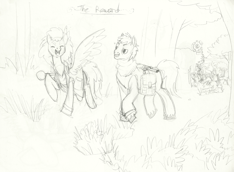 Size: 7136x5232 | Tagged: safe, artist:prismspark, derpibooru import, oc, unofficial characters only, earth pony, pegasus, pony, absurd resolution, bag, black and white, clothes, duo, duo male and female, eyes closed, female, female oc, forest, grass, grass field, grayscale, image, looking at each other, looking at someone, male, male oc, mare, mare oc, monochrome, mountain, nature, open mouth, open smile, outdoors, png, raised hoof, river, ruins, saddle bag, smiling, smiling at each other, spread wings, stallion, stallion oc, sword, tree, unshorn fetlocks, walking, water, weapon, wings