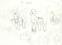 Size: 7136x5232 | Tagged: safe, artist:prismspark, derpibooru import, oc, unofficial characters only, earth pony, pegasus, pony, absurd resolution, bag, black and white, clothes, duo, duo male and female, eyes closed, female, female oc, forest, grass, grass field, grayscale, image, looking at each other, looking at someone, male, male oc, mare, mare oc, monochrome, mountain, nature, open mouth, open smile, outdoors, png, raised hoof, river, ruins, saddle bag, smiling, smiling at each other, spread wings, stallion, stallion oc, sword, tree, unshorn fetlocks, walking, water, weapon, wings