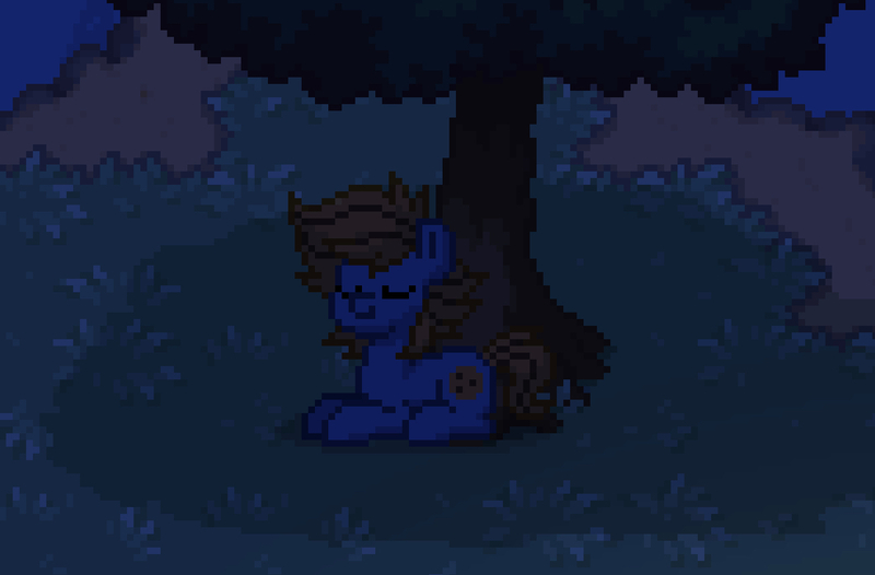 Size: 1303x856 | Tagged: safe, derpibooru import, oc, oc:blue cookie, unofficial characters only, earth pony, pony, pony town, digital art, earth pony oc, eyes closed, image, jpeg, night, pixel art, sleeping, smiling, solo, tree