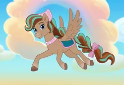 Size: 1216x832 | Tagged: safe, ai content, derpibooru import, machine learning generated, prompter:grievous93, stable diffusion, pegasus, pony, bandana, bow, cloud, cocoa (wild manes), eyeshadow, female, flying, generator:pony diffusion v6 xl, image, jpeg, makeup, mare, not a screencap, not an edit, race swap, show accurate, sky, smiling, solo, spread wings, tail, tail bow, wild manes, wings