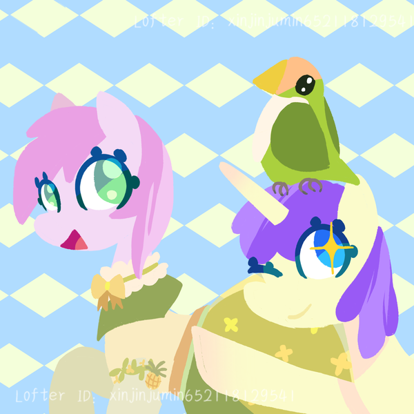 Size: 2048x2048 | Tagged: safe, artist:xinjinjumin652118129541, derpibooru import, alula, piña colada, pluto, princess erroria, alicorn, bird, earth pony, parrot, pony, g4, 4chan, :d, clothes, detached collar, dress, female, filly, foal, image, looking at you, looking back, looking back at you, one eye closed, open mouth, open smile, patterned background, png, raised hoof, smiling, starry eyes, text, wingding eyes, wink