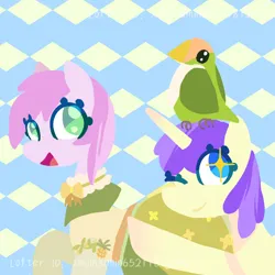 Size: 2048x2048 | Tagged: safe, artist:xinjinjumin652118129541, derpibooru import, alula, piña colada, pluto, princess erroria, alicorn, bird, earth pony, parrot, pony, g4, 4chan, :d, clothes, detached collar, dress, female, filly, foal, image, looking at you, looking back, looking back at you, one eye closed, open mouth, open smile, patterned background, png, raised hoof, smiling, starry eyes, text, wingding eyes, wink