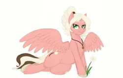 Size: 1266x807 | Tagged: safe, artist:prismspark, derpibooru import, oc, oc:dandelion, unofficial characters only, pegasus, pony, commission, dandelion, eye clipping through hair, eyebrows, eyebrows visible through hair, female, female oc, freckles, image, jewelry, lidded eyes, looking at you, lying down, mare, mare oc, necklace, pegasus oc, png, simple background, smiling, spread wings, unshorn fetlocks, white background, wings