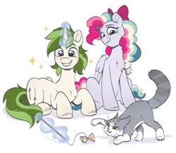 Size: 2456x2128 | Tagged: safe, artist:skysorbett, derpibooru import, oc, oc:ein, oc:sky sorbet, unofficial characters only, cat, pegasus, pony, unicorn, bow, cat toy, duo, duo male and female, female, hair bow, happy, horn, image, magic, magic aura, male, mare, multicolored hair, png, simple background, smiling, stallion, telekinesis, white background