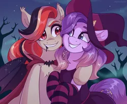 Size: 2457x2000 | Tagged: safe, artist:skysorbett, derpibooru import, oc, unofficial characters only, bat pony, earth pony, pony, cheek squish, clothes, costume, dress, duo, duo female, eyebrows, female, halloween, hat, holiday, hug, image, looking at each other, looking at someone, mare, night, nightmare night, outdoors, png, smiling, smiling at each other, socks, squishy cheeks, striped socks, vampire costume, witch costume, witch hat