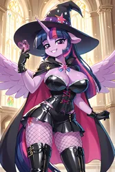 Size: 3072x4608 | Tagged: source needed, suggestive, ai content, derpibooru import, machine learning generated, prompter:the emissary, twilight sparkle, alicorn, anthro, breasts, clothes, corset, fishnet clothing, fishnets, gloves, hat, horn, image, magician outfit, microskirt, panties, png, skirt, socks, spread wings, stockings, thigh highs, thong, underwear, wings, wizard hat