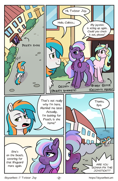 Size: 1522x2339 | Tagged: safe, artist:skysorbett, derpibooru import, oc, oc:callisto, oc:starry glitch, oc:twister joy, unofficial characters only, earth pony, pegasus, pony, unicorn, comic:breaking free #2, building, comic, female, horn, house, image, male, mare, outdoors, png, stallion