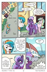 Size: 1522x2339 | Tagged: safe, artist:skysorbett, derpibooru import, oc, oc:callisto, oc:starry glitch, oc:twister joy, unofficial characters only, earth pony, pegasus, pony, unicorn, comic:breaking free #2, building, comic, female, horn, house, image, male, mare, outdoors, png, stallion