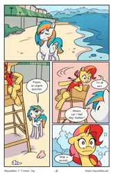 Size: 1522x2339 | Tagged: safe, artist:skysorbett, derpibooru import, oc, oc:peach bubble, oc:twister joy, unofficial characters only, pegasus, pony, unicorn, comic:breaking free #2, beach, clothes, comic, female, horn, image, lifeguard, male, mare, ocean, outdoors, png, stallion, swimsuit, water, whistle, whistle necklace