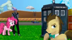 Size: 1920x1080 | Tagged: safe, artist:slowfly01, derpibooru import, discord, doctor whooves, pinkie pie, time turner, earth pony, human, g4, clothes, doctor who, hat, hollowed zero ygum, image, jpeg, pensive, shredder, tardis, trixie's hat, vector used