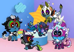 Size: 1414x1000 | Tagged: safe, artist:zetikoopa, derpibooru import, ahuizotl, dragon lord torch, grogar, king sombra, lord tirek, pharynx, pony of shadows, prince blueblood, shining armor, storm king, oc, oc:alastor, oc:bass thunder, oc:dark havok, oc:keiran, oc:khalfani, oc:nemesis, oc:odysseus, oc:phantom infinite, changedling, changeling, them's fightin' herds, g4, g5, my little pony: the movie, alexandrite arcane, baby, community related, cute, female to male, fusion, image, male, monster prince blueblood, monster shining armor, opaline arcana, png, prince pharynx, rule 63, springtrap, stronghoof hoofstrong (tfh)