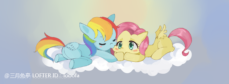 Size: 750x276 | Tagged: safe, artist:looofa, derpibooru import, fluttershy, rainbow dash, pegasus, pony, cloud, duo, image, lying down, png, sky, sun