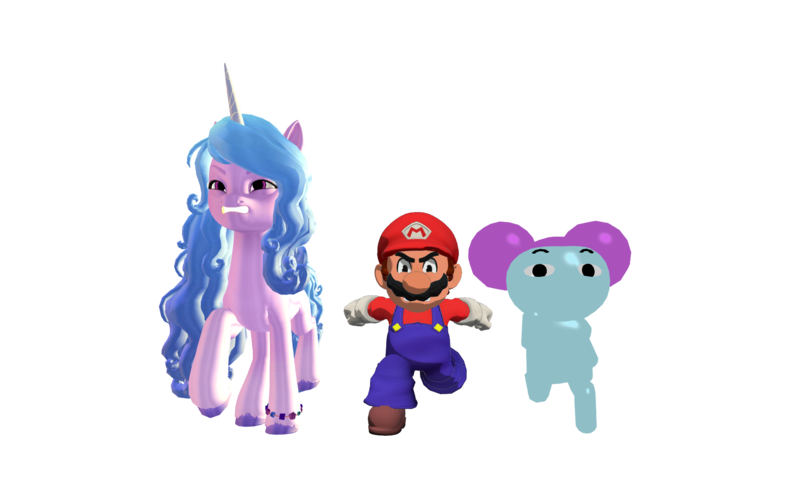 Size: 1920x1200 | Tagged: safe, artist:puzzlshield2, derpibooru import, izzy moonbow, pony, unicorn, g5, 3d, 3d render, crossover, derpibooru exclusive, horn, image, mario, mmd, pibby, png, render, running, simple background, smg4, super mario bros., transparent background