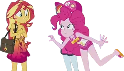 Size: 4399x2520 | Tagged: safe, derpibooru import, edit, edited screencap, editor:mrtoonlover83, screencap, pinkie pie, rainbow dash, sunset shimmer, human, equestria girls, g4, background removed, clothes, female, image, not a vector, one-piece swimsuit, pinkie pie swimsuit, png, swimsuit, trio, trio female