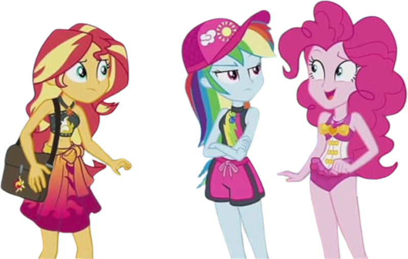 Size: 3960x2520 | Tagged: safe, derpibooru import, edit, edited screencap, editor:mrtoonlover83, screencap, pinkie pie, rainbow dash, sunset shimmer, human, equestria girls, g4, background removed, clothes, female, image, not a vector, one-piece swimsuit, pinkie pie swimsuit, png, swimsuit, trio, trio female