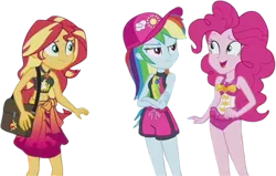 Size: 3960x2520 | Tagged: safe, derpibooru import, edit, edited screencap, editor:mrtoonlover83, screencap, pinkie pie, rainbow dash, sunset shimmer, human, equestria girls, g4, background removed, clothes, female, image, not a vector, one-piece swimsuit, pinkie pie swimsuit, png, swimsuit, trio, trio female