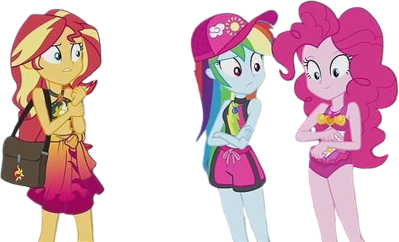 Size: 4150x2520 | Tagged: safe, derpibooru import, edit, edited screencap, editor:mrtoonlover83, screencap, pinkie pie, rainbow dash, sunset shimmer, human, equestria girls, g4, background removed, clothes, female, image, not a vector, one-piece swimsuit, pinkie pie swimsuit, png, swimsuit, trio, trio female