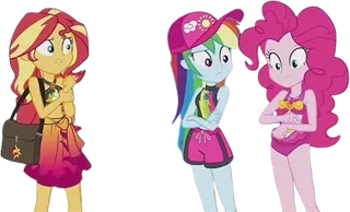 Size: 4150x2520 | Tagged: safe, derpibooru import, edit, edited screencap, editor:mrtoonlover83, screencap, pinkie pie, rainbow dash, sunset shimmer, human, equestria girls, g4, background removed, clothes, female, image, not a vector, one-piece swimsuit, pinkie pie swimsuit, png, swimsuit, trio, trio female