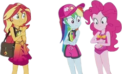 Size: 4150x2520 | Tagged: safe, derpibooru import, edit, edited screencap, editor:mrtoonlover83, screencap, pinkie pie, rainbow dash, sunset shimmer, human, equestria girls, g4, background removed, clothes, female, image, not a vector, one-piece swimsuit, pinkie pie swimsuit, png, swimsuit, trio, trio female